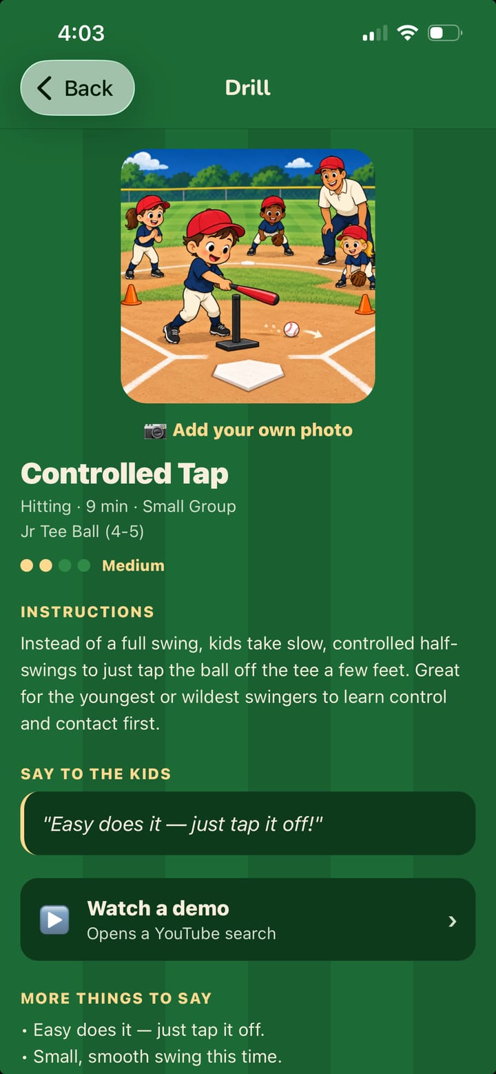 A drill page: Controlled Tap, with its illustration, how long it takes, how to run it, and the line to say to the kids.